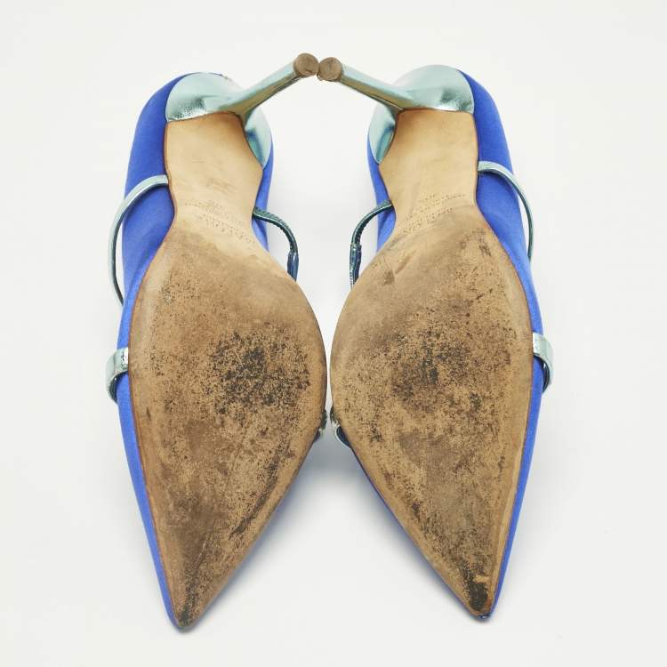 Pre Owned Malone Souliers Blue/Green Leather and Satin Maureen Mules Size 38.5