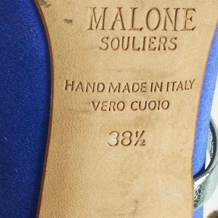 Pre Owned Malone Souliers Blue/Green Leather and Satin Maureen Mules Size 38.5