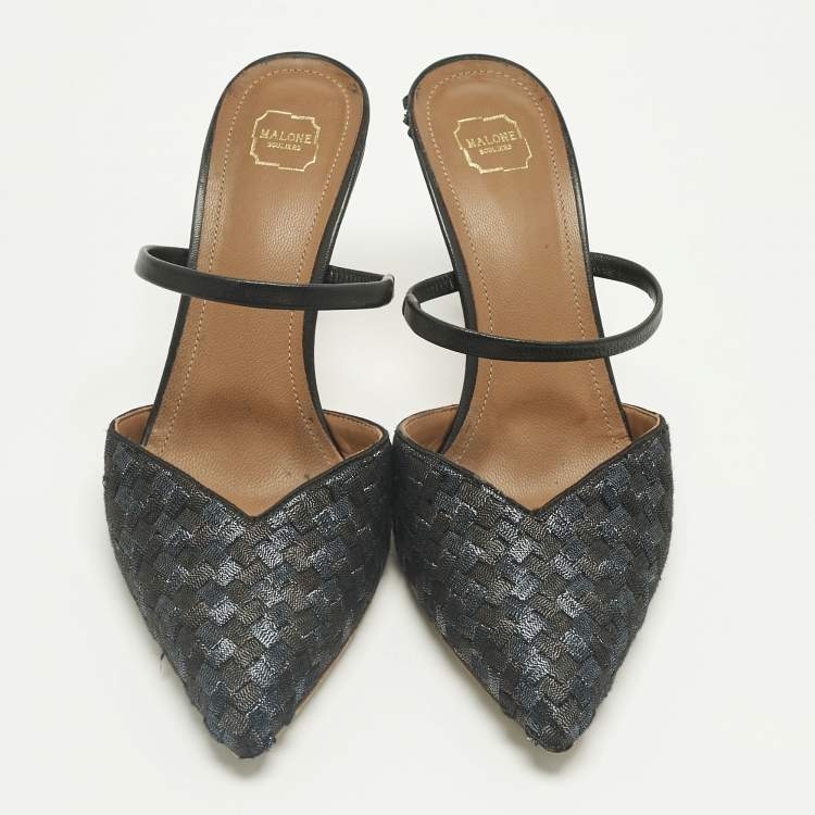 Pre Owned Malone Souliers Black/Navy Blue Woven Fabric Marla Mules Size 37.5
