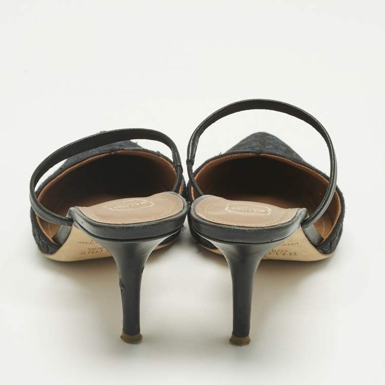 Pre Owned Malone Souliers Black/Navy Blue Woven Fabric Marla Mules Size 37.5