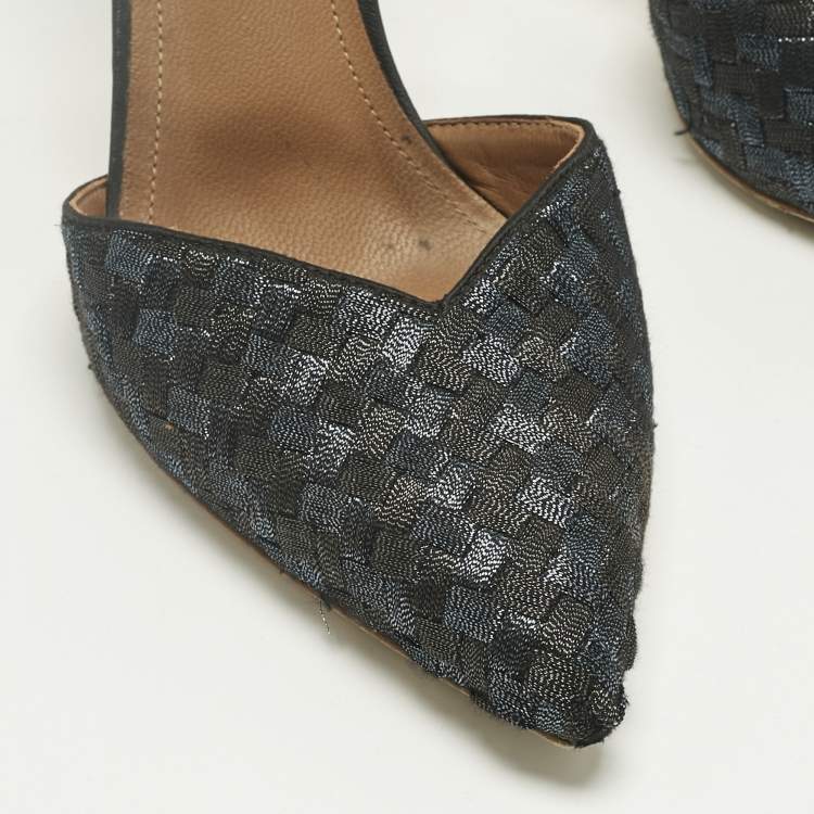 Pre Owned Malone Souliers Black/Navy Blue Woven Fabric Marla Mules Size 37.5