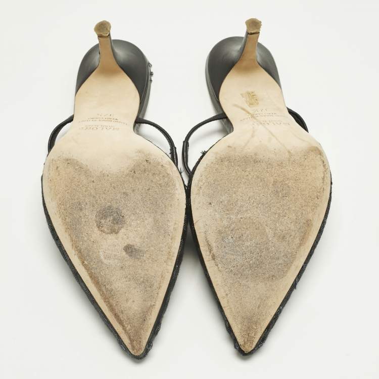 Pre Owned Malone Souliers Black/Navy Blue Woven Fabric Marla Mules Size 37.5