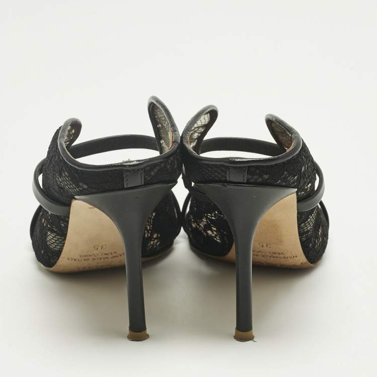 Pre Owned Malone Souliers Black Lace and Leather Maureen Mules Size 35