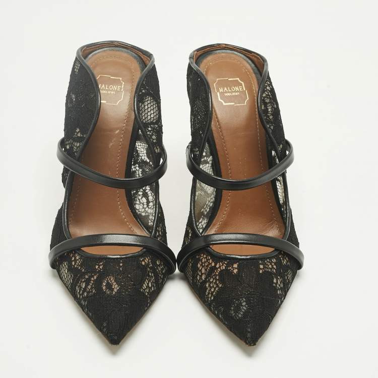 Pre Owned Malone Souliers Black Lace and Leather Maureen Mules Size 35