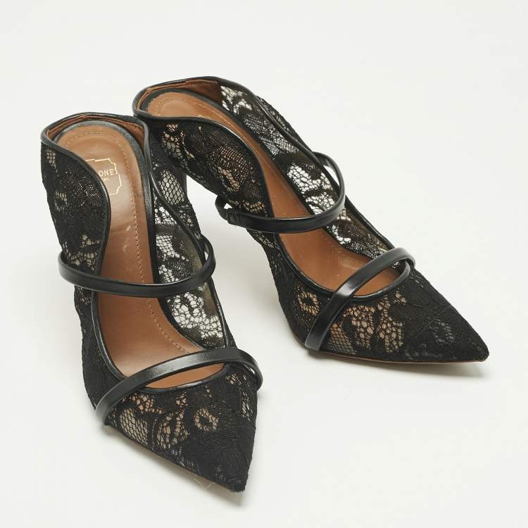 Pre Owned Malone Souliers Black Lace and Leather Maureen Mules Size 35