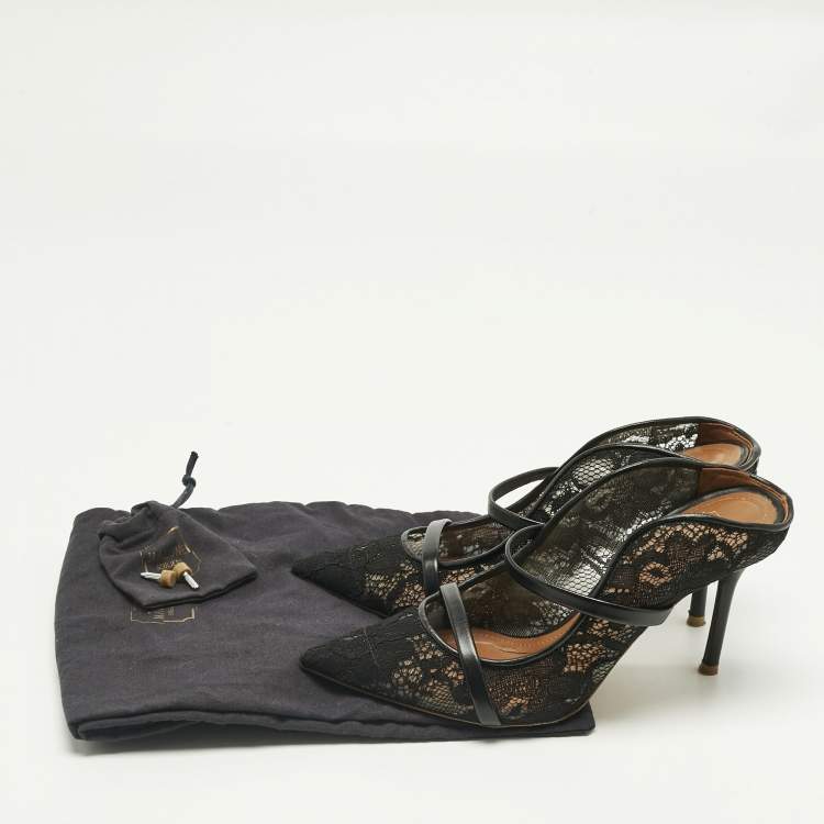 Pre Owned Malone Souliers Black Lace and Leather Maureen Mules Size 35