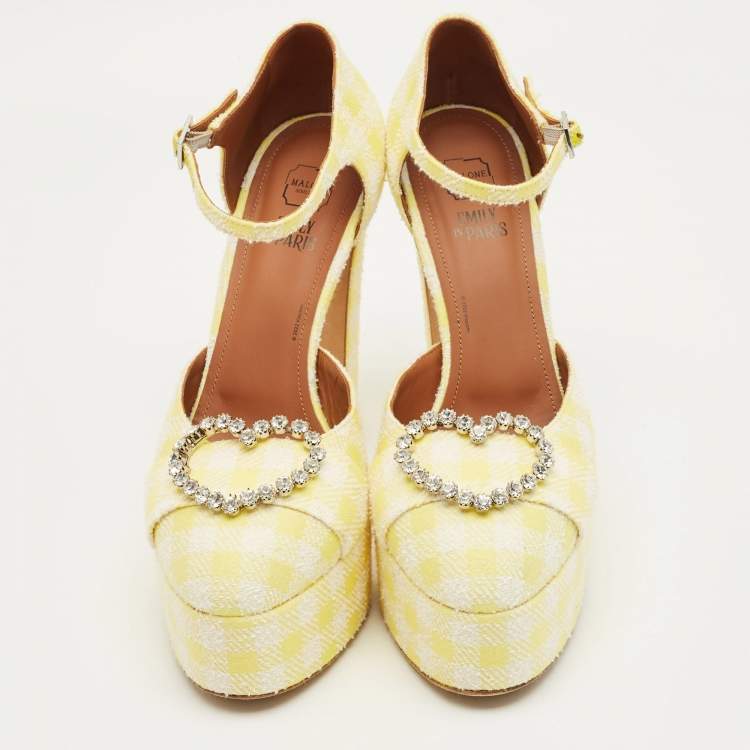 Pre Owned Malone Souliers Yellow/White Fabric Crystal Embellished Platform Pumps Size 39