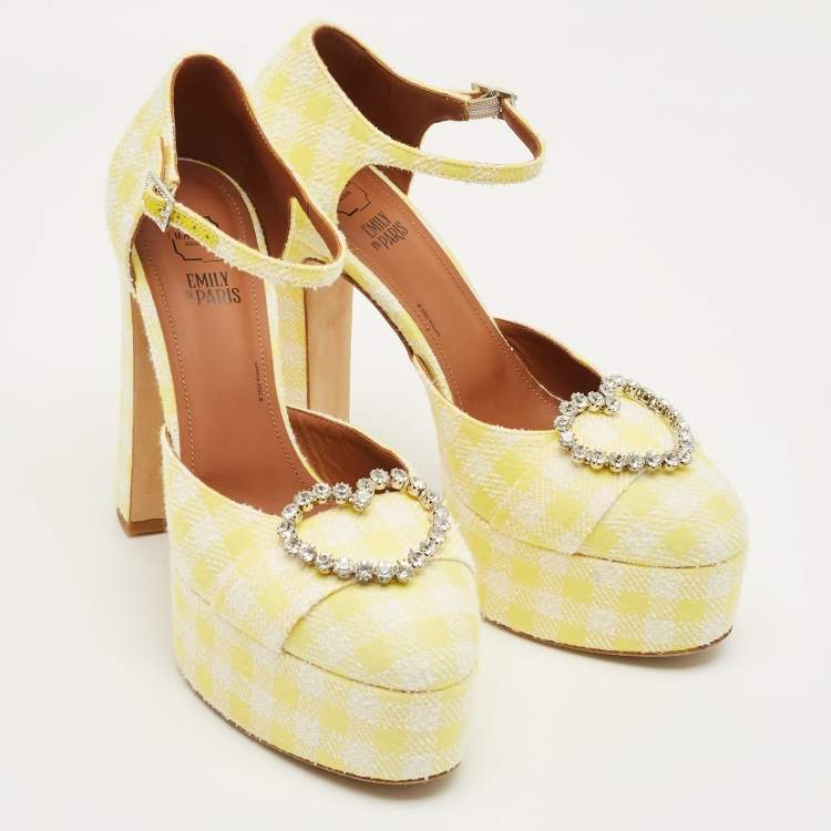 Pre Owned Malone Souliers Yellow/White Fabric Crystal Embellished Platform Pumps Size 39