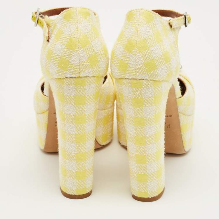 Pre Owned Malone Souliers Yellow/White Fabric Crystal Embellished Platform Pumps Size 39