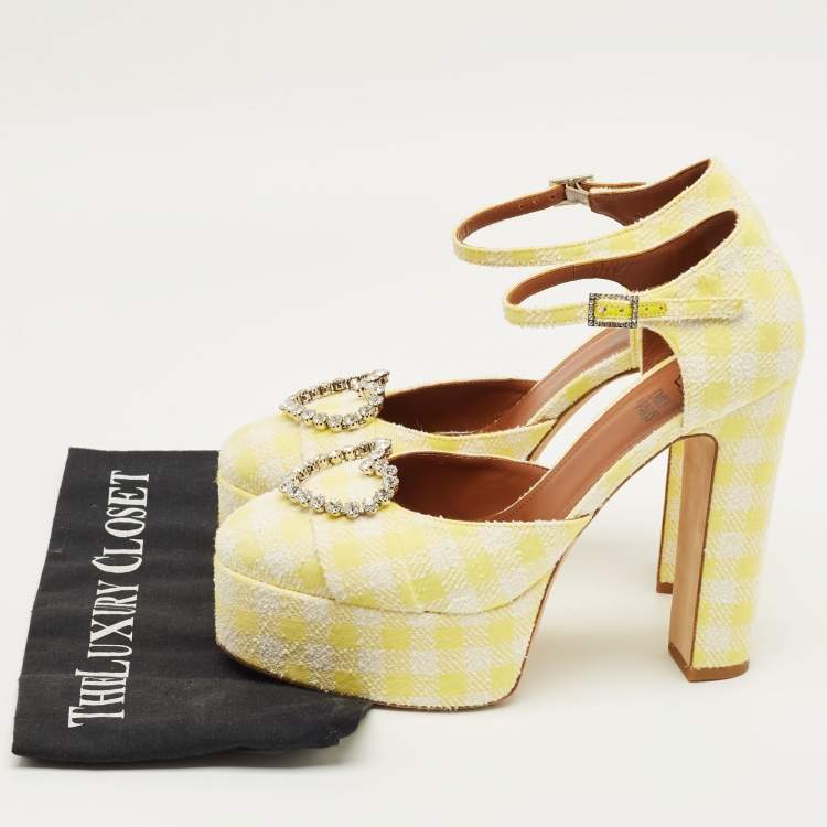 Pre Owned Malone Souliers Yellow/White Fabric Crystal Embellished Platform Pumps Size 39