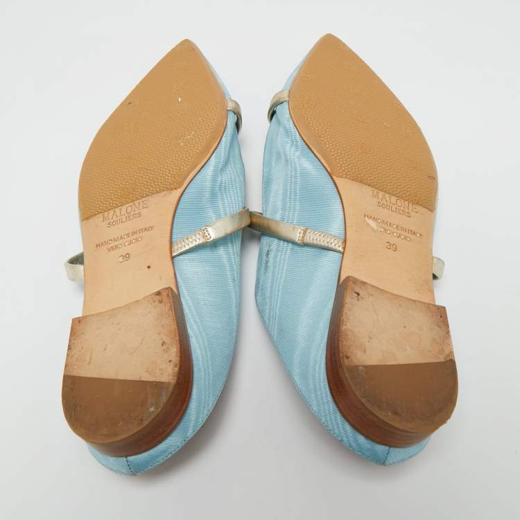 Pre Owned Malone Souliers Blue/Gold Canvas and Leather Maureen Flat Mules Size 39