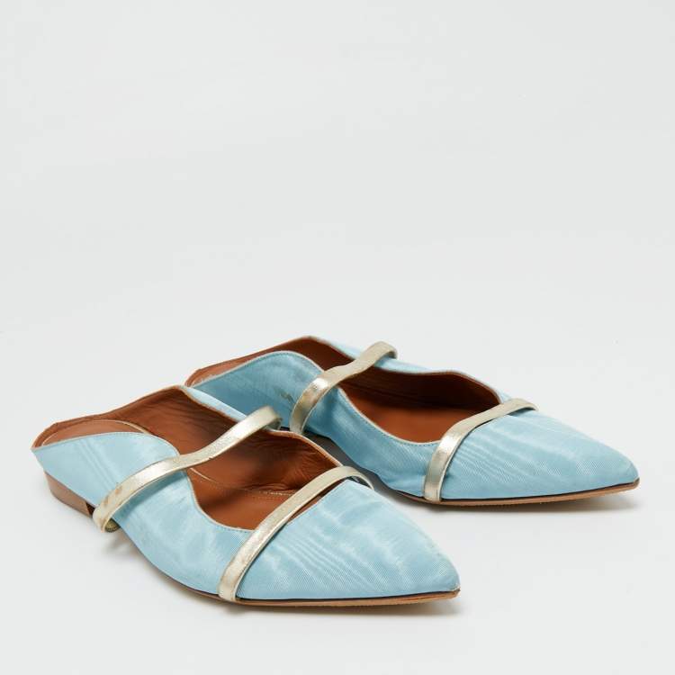Pre Owned Malone Souliers Blue/Gold Canvas and Leather Maureen Flat Mules Size 39