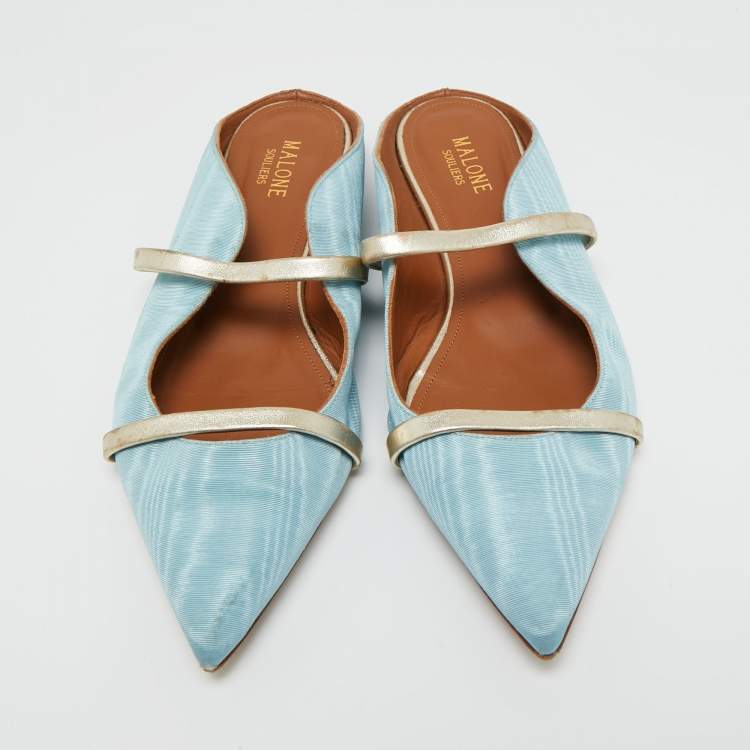 Pre Owned Malone Souliers Blue/Gold Canvas and Leather Maureen Flat Mules Size 39