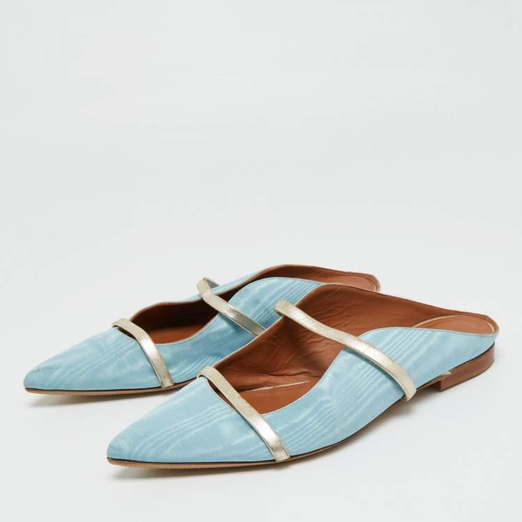 Pre Owned Malone Souliers Blue/Gold Canvas and Leather Maureen Flat Mules Size 39