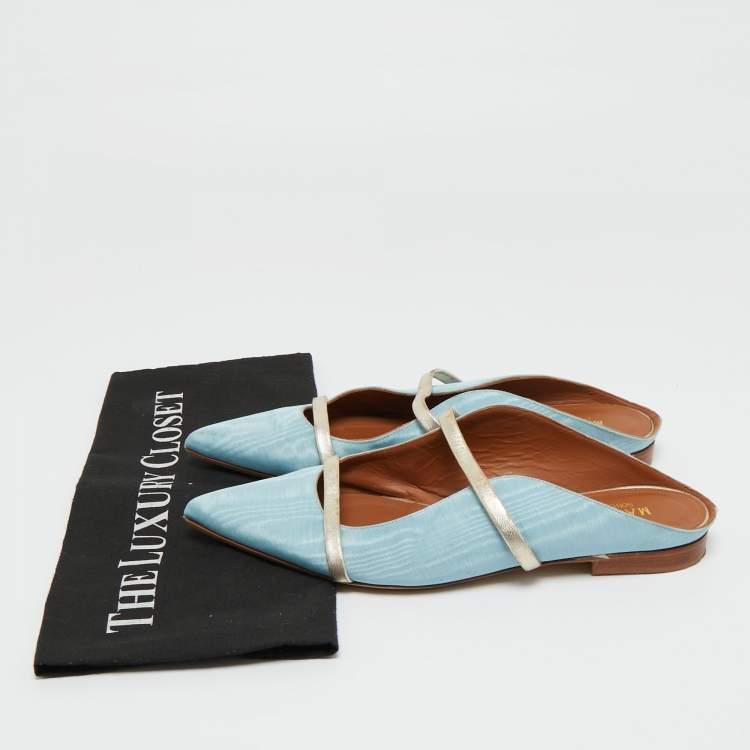 Pre Owned Malone Souliers Blue/Gold Canvas and Leather Maureen Flat Mules Size 39