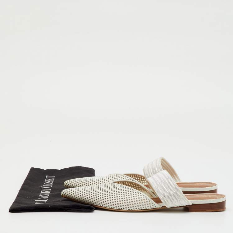 Pre Owned Malone Souliers White Perforated Leather and Maisie Cord Pointed Toe Mules Size 40.5