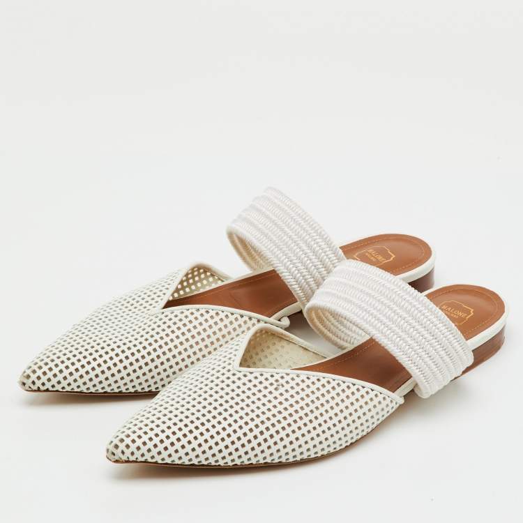Pre Owned Malone Souliers White Perforated Leather and Maisie Cord Pointed Toe Mules Size 40.5
