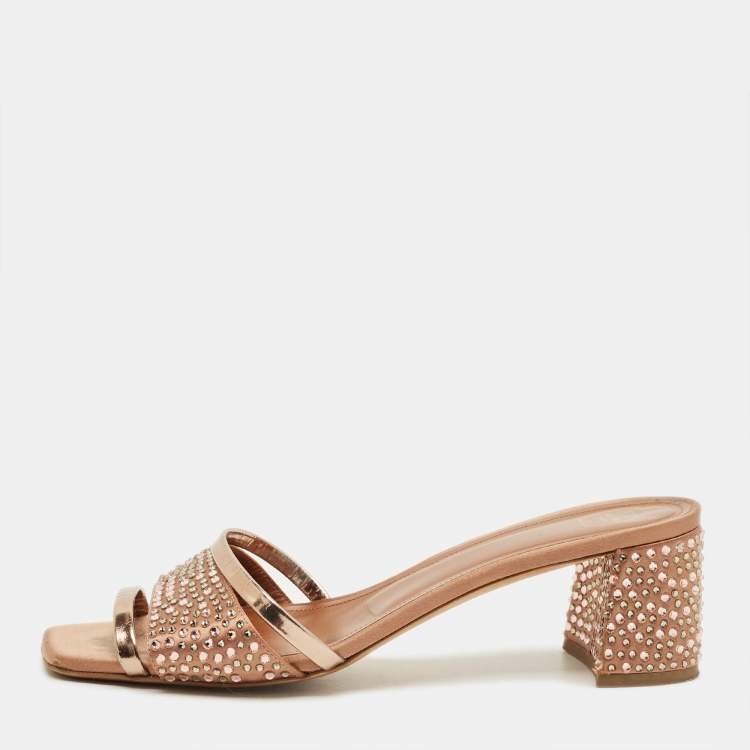 Pre Owned Malone Souliers Size 39.5 Gold Leather and Suede Crystal Embellished  Slide Sandals