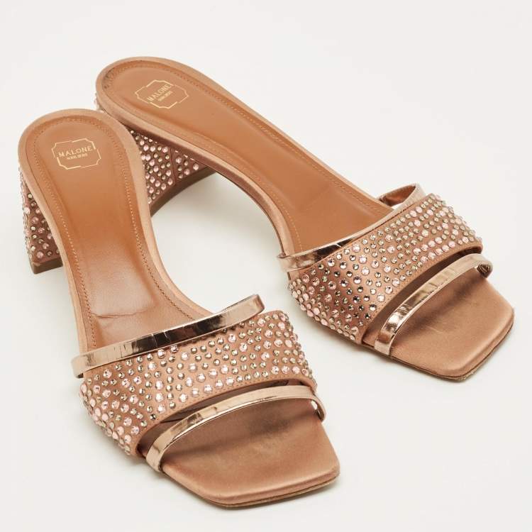 Pre Owned Malone Souliers Size 39.5 Gold Leather and Suede Crystal Embellished  Slide Sandals