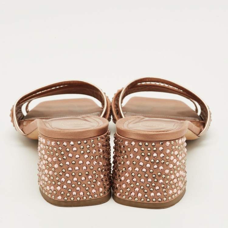 Pre Owned Malone Souliers Size 39.5 Gold Leather and Suede Crystal Embellished  Slide Sandals