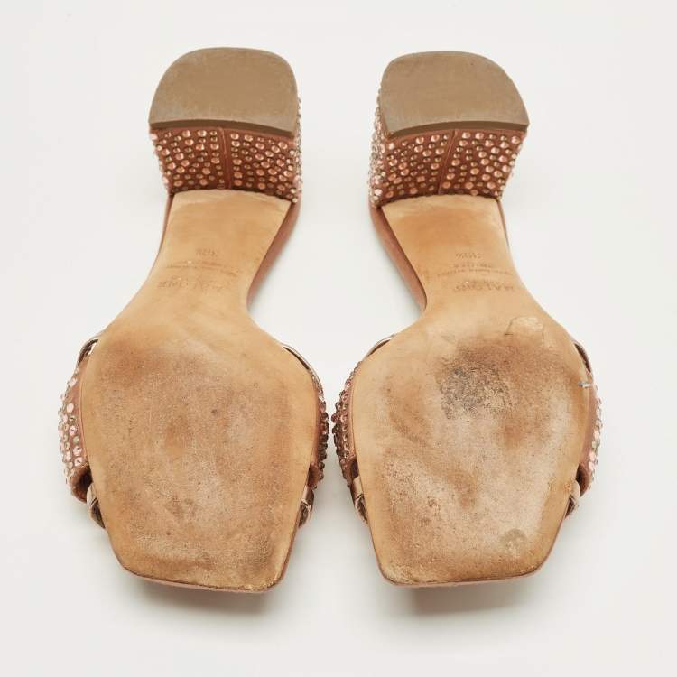 Pre Owned Malone Souliers Size 39.5 Gold Leather and Suede Crystal Embellished  Slide Sandals