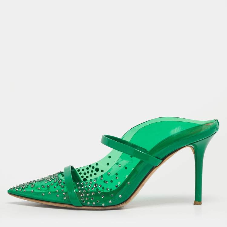 Pre Owned Malone Souliers Maureen Size 37.5 Green PVC Crystal Embellished Mules