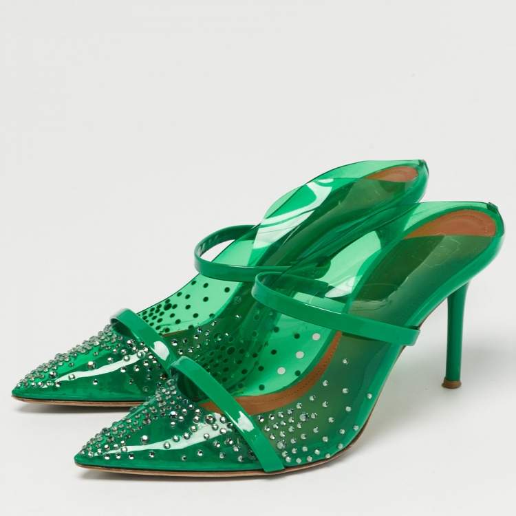 Pre Owned Malone Souliers Maureen Size 37.5 Green PVC Crystal Embellished Mules