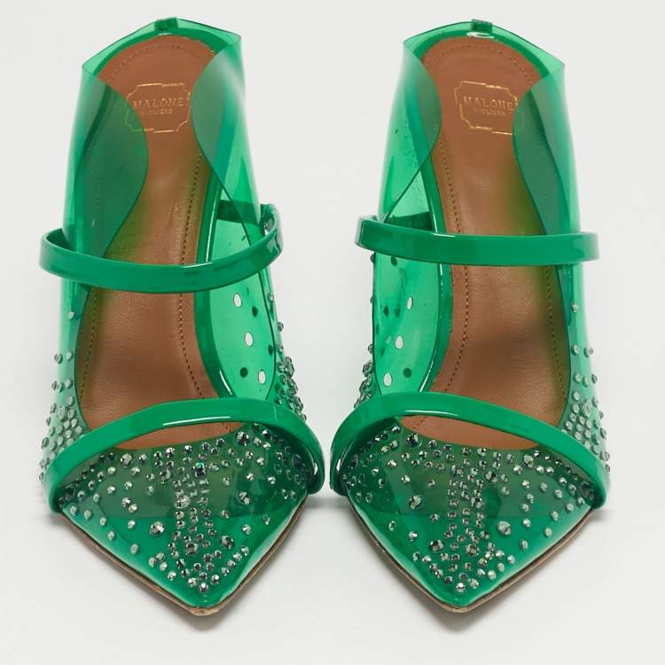 Pre Owned Malone Souliers Maureen Size 37.5 Green PVC Crystal Embellished Mules