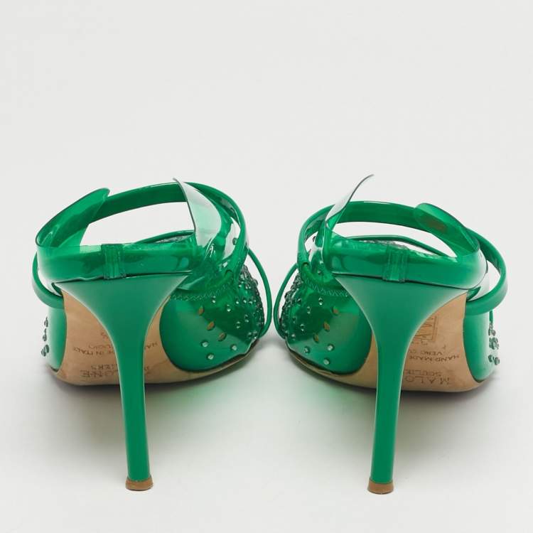 Pre Owned Malone Souliers Maureen Size 37.5 Green PVC Crystal Embellished Mules