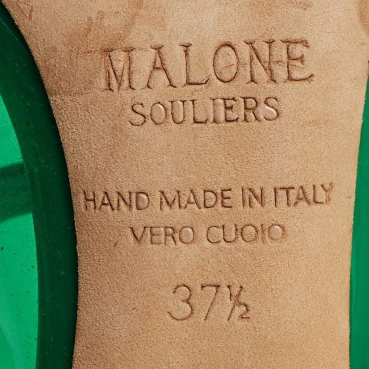 Pre Owned Malone Souliers Maureen Size 37.5 Green PVC Crystal Embellished Mules