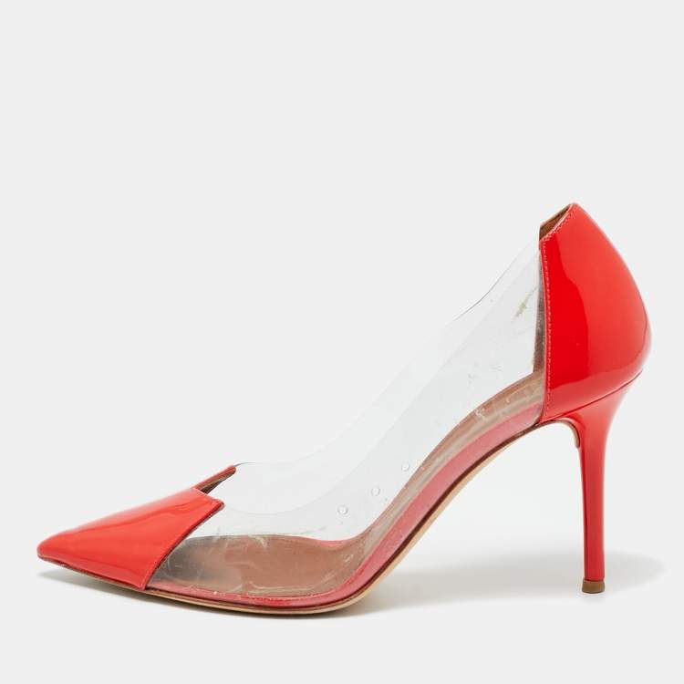 Pre Owned Malone Souliers Size 37 Red/Transparent Patent Leather and PVC Pointed Toe Pumps