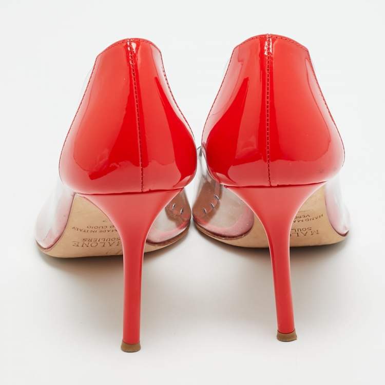 Pre Owned Malone Souliers Size 37 Red/Transparent Patent Leather and PVC Pointed Toe Pumps