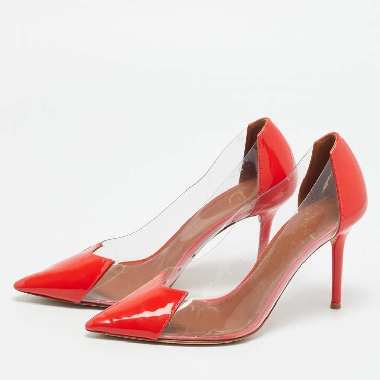 Pre Owned Malone Souliers Size 37 Red/Transparent Patent Leather and PVC Pointed Toe Pumps