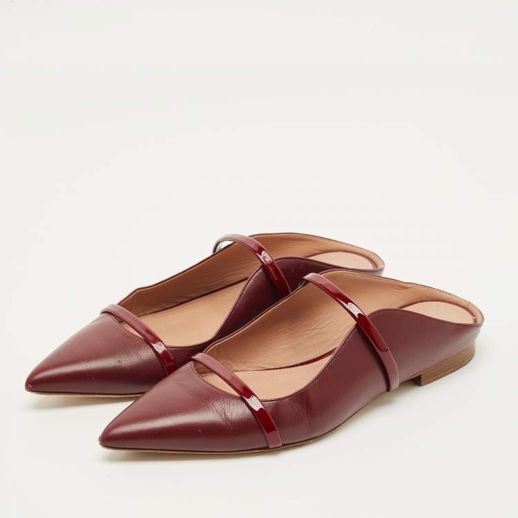 Pre Owned Malone Souliers Maureen Size 37.5 Burgundy Leather and Patent Flat Mules