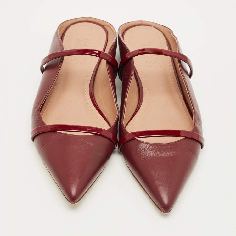 Pre Owned Malone Souliers Maureen Size 37.5 Burgundy Leather and Patent Flat Mules