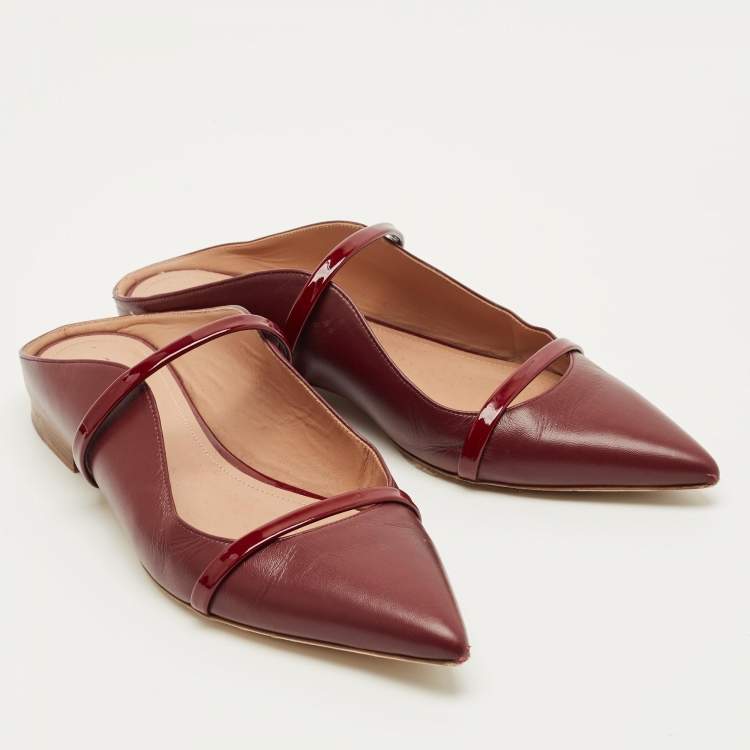 Pre Owned Malone Souliers Maureen Size 37.5 Burgundy Leather and Patent Flat Mules