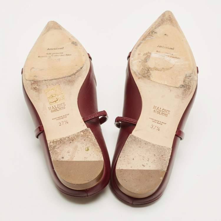 Pre Owned Malone Souliers Maureen Size 37.5 Burgundy Leather and Patent Flat Mules