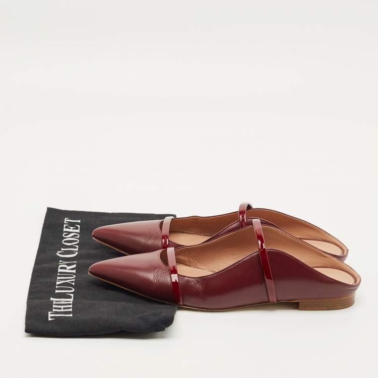 Pre Owned Malone Souliers Maureen Size 37.5 Burgundy Leather and Patent Flat Mules