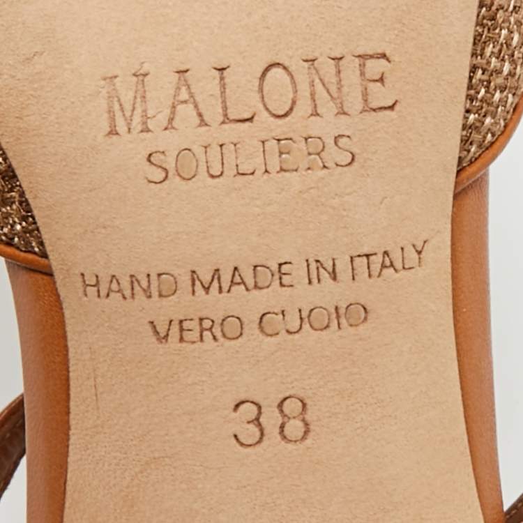 Pre Owned Malone Souliers Imogen Size 38 Brown Leather and Raffia Pointed Toe Pumps