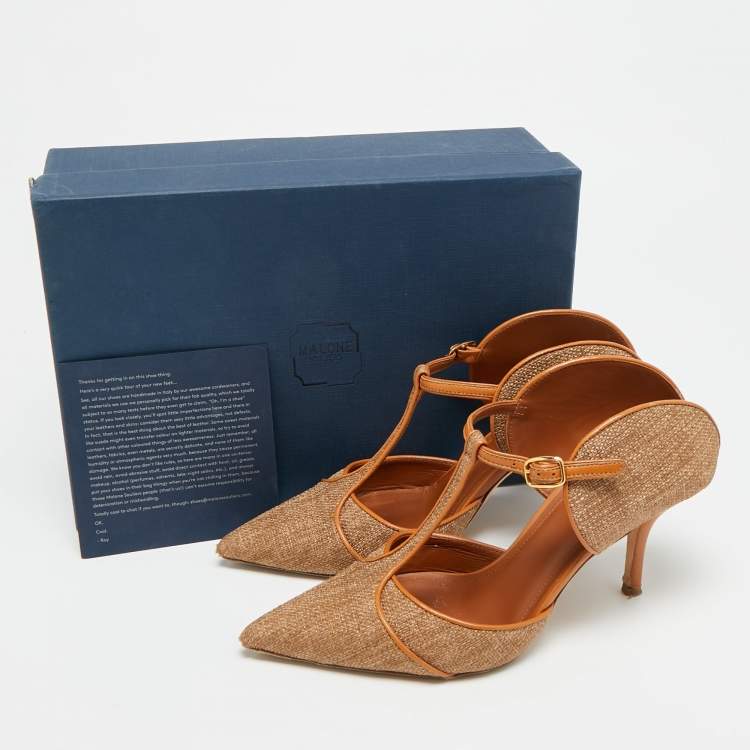 Pre Owned Malone Souliers Imogen Size 38 Brown Leather and Raffia Pointed Toe Pumps