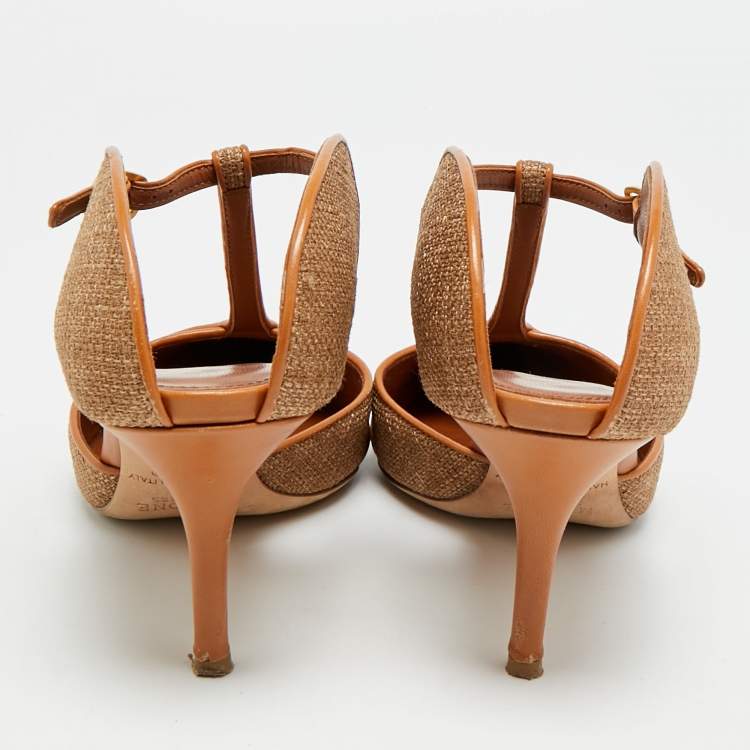 Pre Owned Malone Souliers Imogen Size 38 Brown Leather and Raffia Pointed Toe Pumps