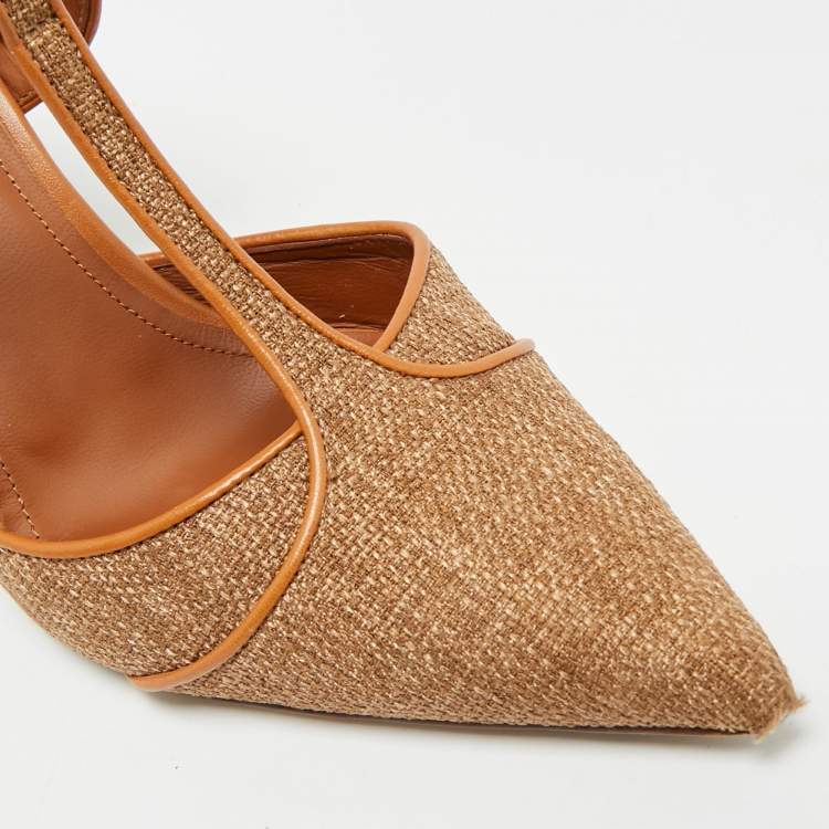 Pre Owned Malone Souliers Imogen Size 38 Brown Leather and Raffia Pointed Toe Pumps