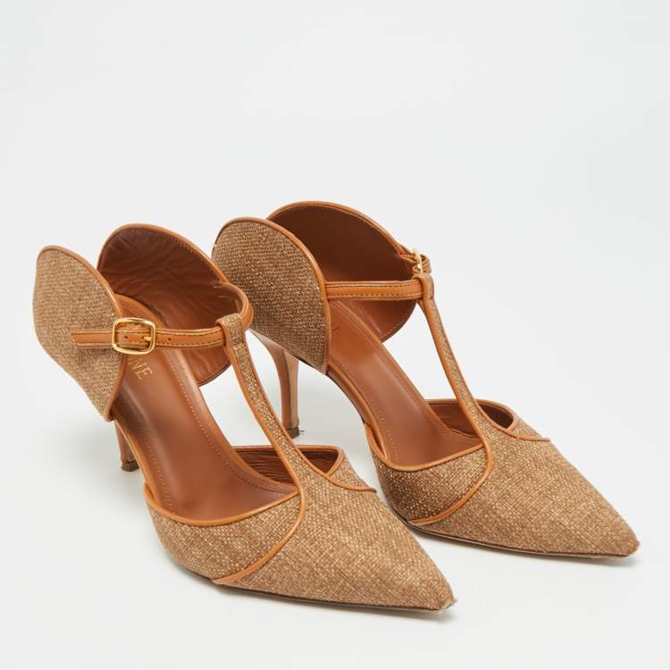 Pre Owned Malone Souliers Imogen Size 38 Brown Leather and Raffia Pointed Toe Pumps