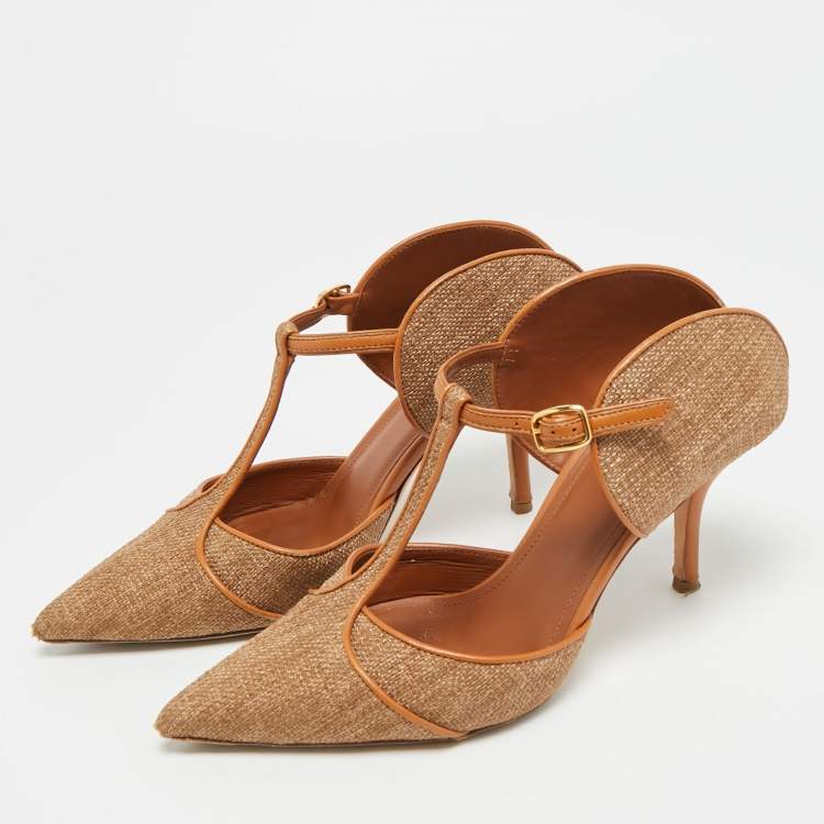Pre Owned Malone Souliers Imogen Size 38 Brown Leather and Raffia Pointed Toe Pumps