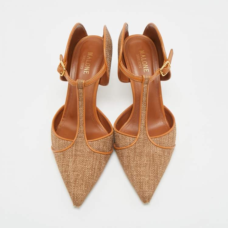 Pre Owned Malone Souliers Imogen Size 38 Brown Leather and Raffia Pointed Toe Pumps