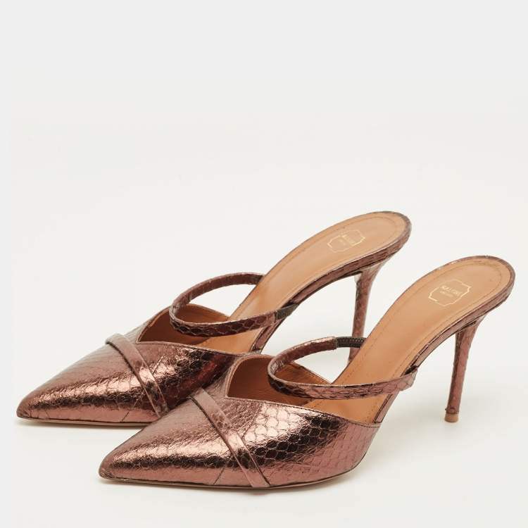 Pre Owned Malone Souliers Frankie Size 39.5 Brown Snakeskin Embossed Leather Mules