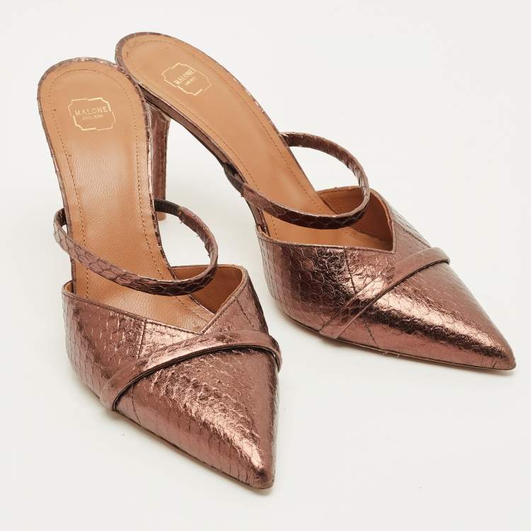 Pre Owned Malone Souliers Frankie Size 39.5 Brown Snakeskin Embossed Leather Mules