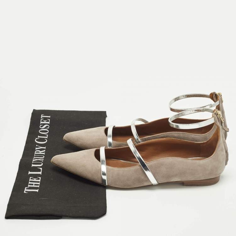 Pre Owned Malone Souliers Robyn Size 40 Beige/Silver Suede Ballet Flats