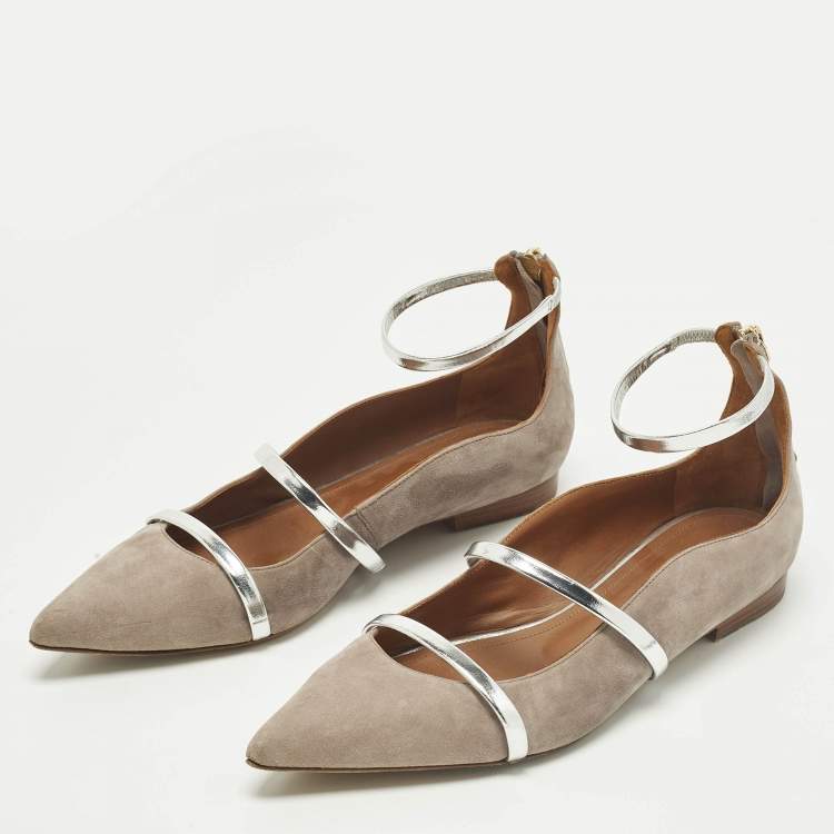 Pre Owned Malone Souliers Robyn Size 40 Beige/Silver Suede Ballet Flats