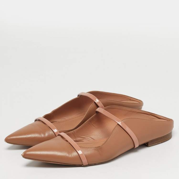 Pre Owned Malone Souliers Maureen Size 39.5 Beige Leather and Patent Leather Flat Mules